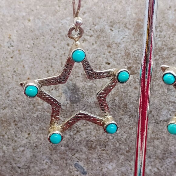 Handmade Stamped Sterling Silver Turquoise Dangle Star Earrings - Picture 2 of 6